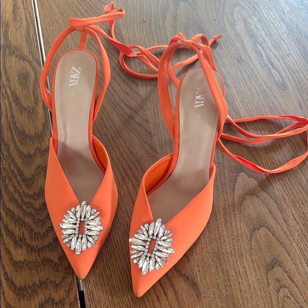Zara Orange Heels with Crystal Embellishments
